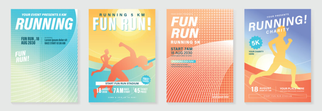 Running charity 5K event poster vector set. Colorful fun run marathon flyer templates with athlete illustration, race track, sport typography and fitness design for banner, invitation and promotion.