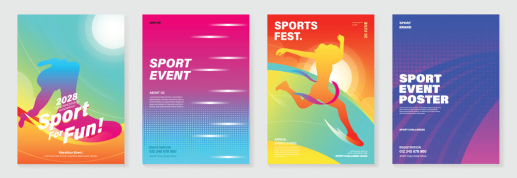 Running charity 5K event poster vector set. Colorful fun run marathon flyer templates with athlete illustration, race track, sport typography and fitness design for banner, invitation and promotion.