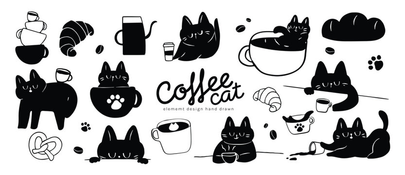 Cute black cat cafe dessert flat vector set. Kawaii cats with coffee cup, cake, pastry, beans and colorful cafe elements for sticker, menu, nursery print and packaging design.