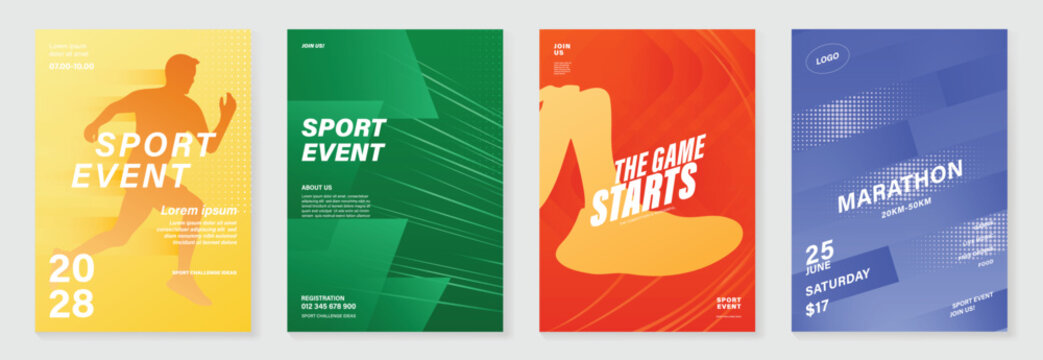 Running charity 5K event poster vector set. Colorful fun run marathon flyer templates with athlete illustration, race track, sport typography and fitness design for banner, invitation and promotion.