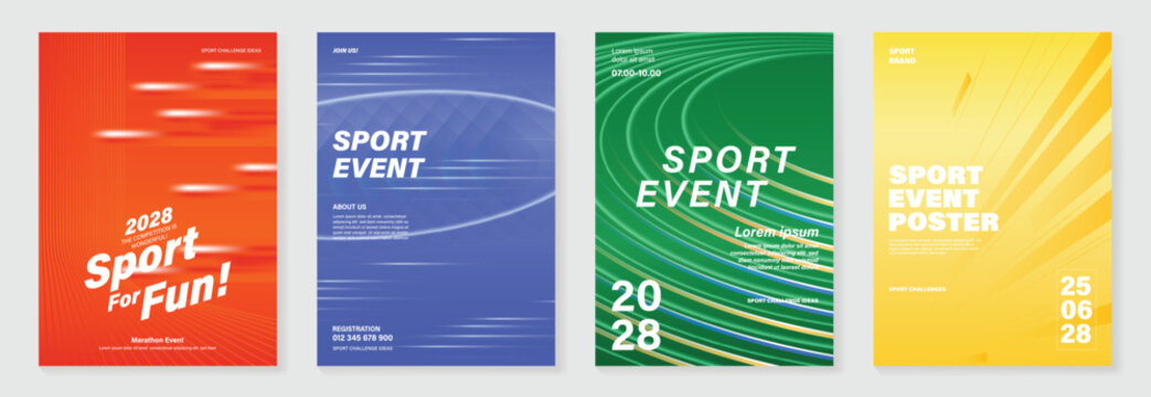 Sport event poster abstract speed vector set. Dynamic running marathon fitness flyer templates with motion lines, stadium track background and bold typography design for banner, competition and promot
