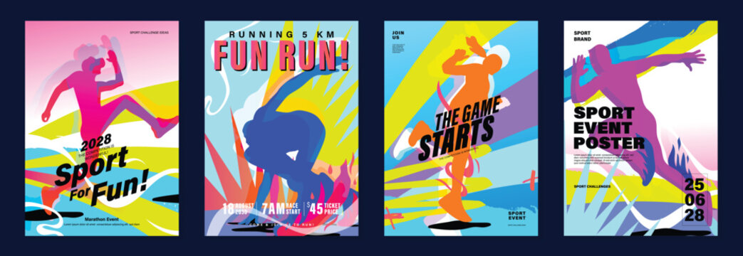 Running charity 5K event poster vector set. Colorful fun run marathon flyer templates with athlete illustration, race track, sport typography and fitness design for banner, invitation and promotion.