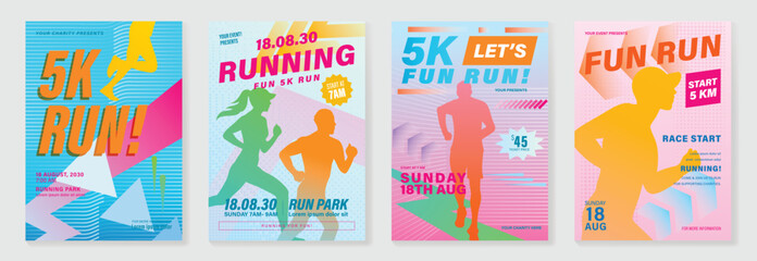 Obraz premium Running charity 5K event poster vector set. Colorful fun run marathon flyer templates with athlete illustration, race track, sport typography and fitness design for banner, invitation and promotion.