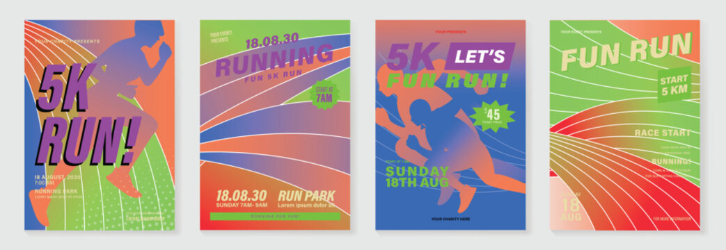 Running charity 5K event poster vector set. Colorful fun run marathon flyer templates with athlete illustration, race track, sport typography and fitness design for banner, invitation and promotion.