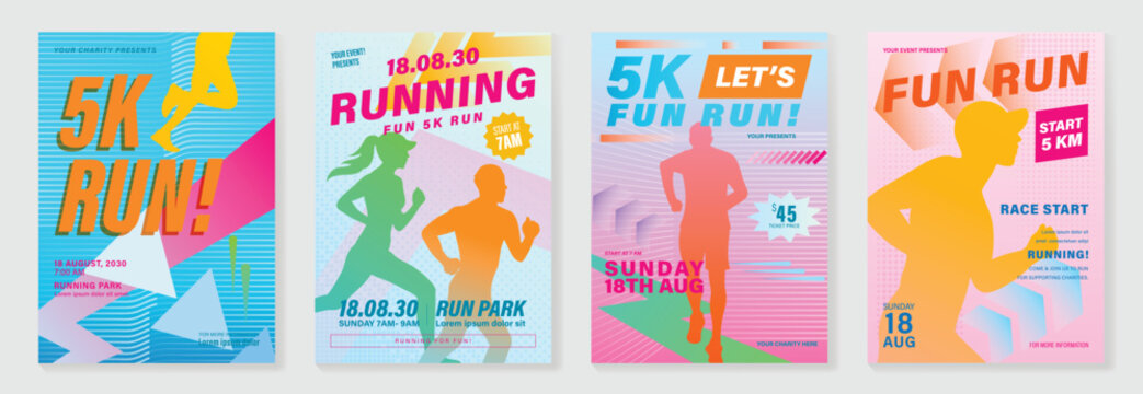 Running charity 5K event poster vector set. Colorful fun run marathon flyer templates with athlete illustration, race track, sport typography and fitness design for banner, invitation and promotion.