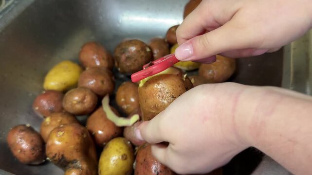 A woman is peeling fresh red potatoes with a vegetable peeler in the kitchen sink, preparing raw ingredients for cooking