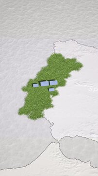 Decarbonization Portugal animated map. Green ground with wind turbines and solar panels appearing. 3D Animation vertical version.