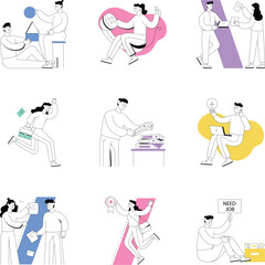 Flat office teamwork illustrations featuring meetings, coordination, workplace conflict, promotion, job loss, creativity, urgency, document management, collaboration scenes.   © Vectors Market