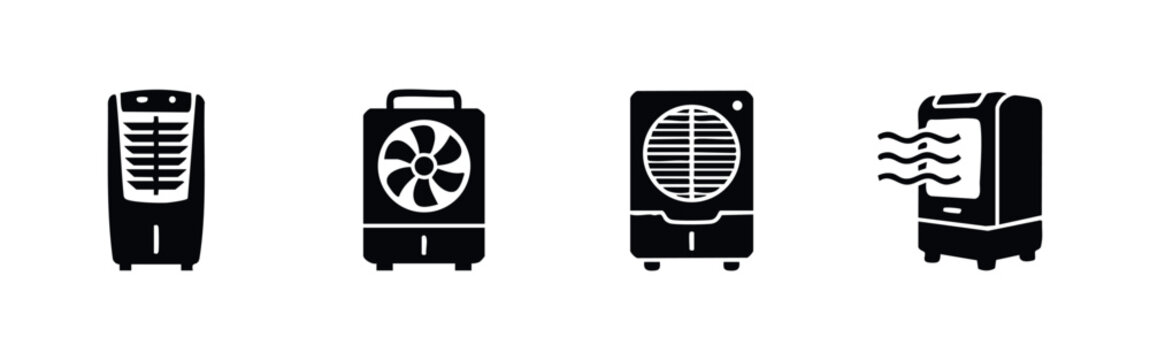 Collection of four black silhouette icons representing various styles of portable evaporative air coolers and home climate control appliances.