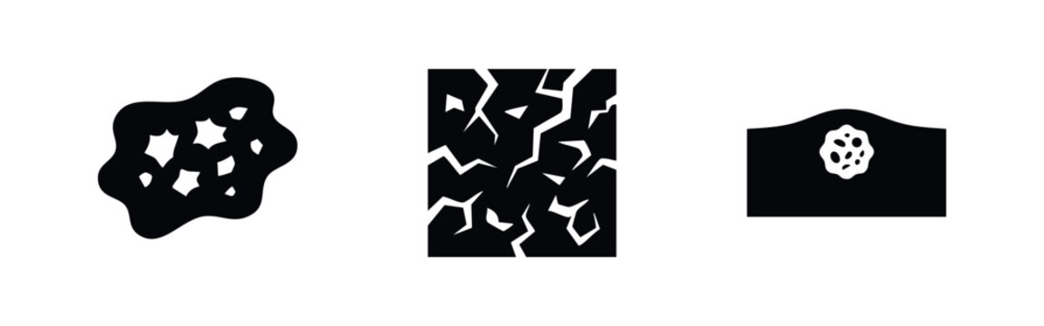 Minimalist black and white icons depicting dermatological conditions like irregular moles, dry cracked skin, and a subsurface cyst or tumor.
