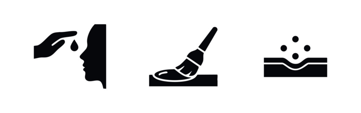 Set of minimalist black icons illustrating skincare application, topical treatment with a brush, and deep absorption of products into the skin.