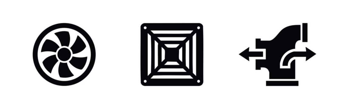 Set of three flat black HVAC system icons featuring a cooling fan, a ventilation vent, and an airflow pipe fitting on a white background.