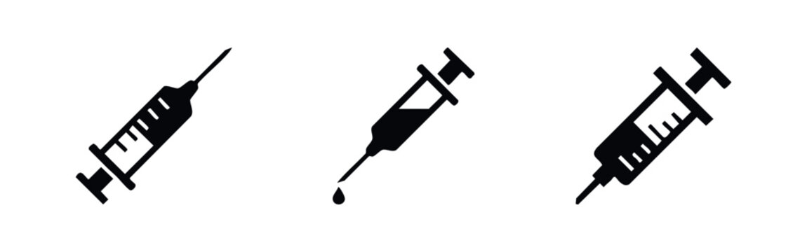 Set of three minimalist black syringe icons on a white background, representing medical injections, vaccinations, and healthcare equipment.