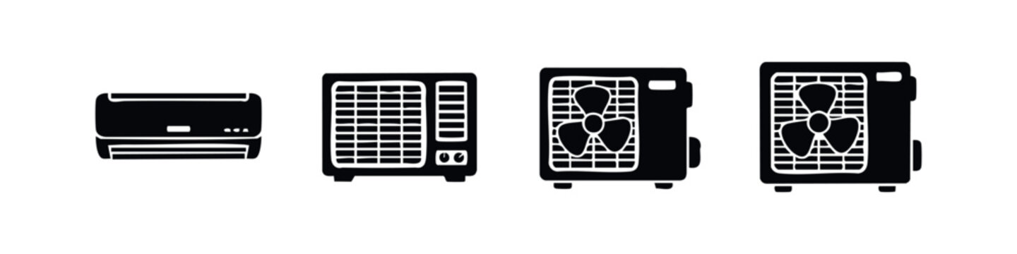 A set of minimalist hand-drawn black icons of air conditioning units, featuring indoor and outdoor modules, isolated on a white background.