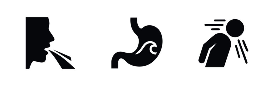 Set of black icons representing nausea, vomiting, and stomach upset. Ideal for medical and healthcare themes related to illness and sickness.