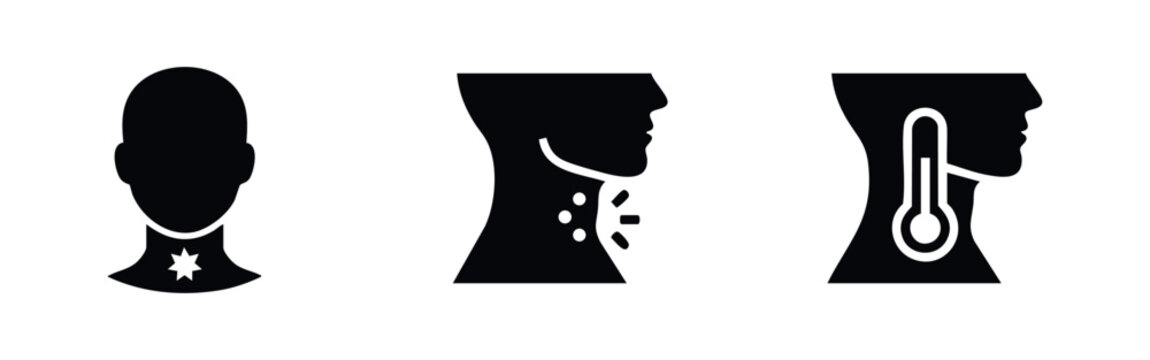 Set of minimalist black icons representing sore throat pain, throat inflammation, and high fever symptoms on human head silhouettes.
