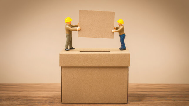 Tiny figures raising ballot box on pedestal civic engagement studio setting close-up view responsibility concept