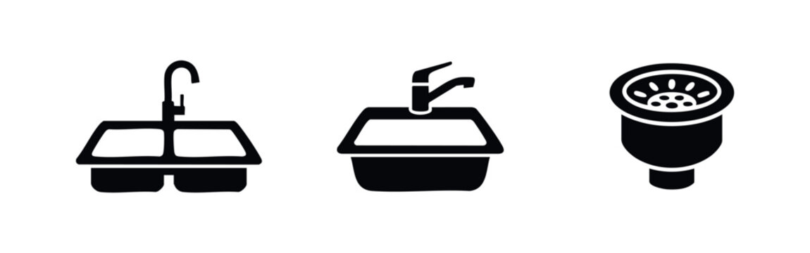 Minimalist black icon set featuring a double kitchen sink, a single basin sink with a faucet, and a sink drain strainer, isolated on white.