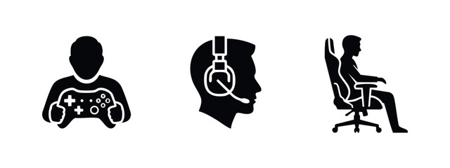 Vector icons of a gamer holding a controller, a head with a headset, and a person in a gaming chair. Minimalist black silhouette symbols on white. © Lili