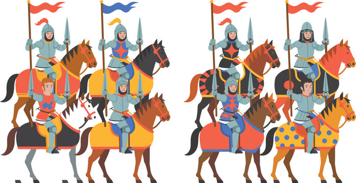 Medieval knights riding horses with colorful flags Vector