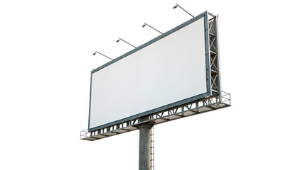 A large blank white outdoor advertising billboard structure with spotlight lamps mockup template isolated on transparent background © Hanna