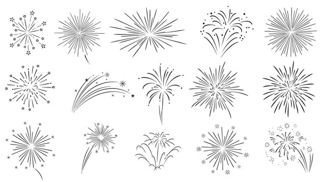 Large grid of various firework burst illustrations in black line art showing different explosion patterns and star burst shapes.