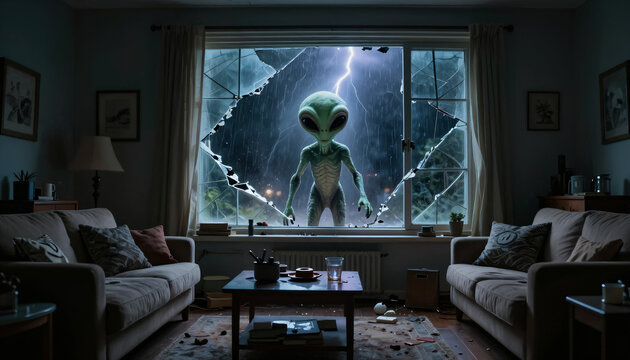 Alien blickt durch zerbrochenes Fenster bei Blitz und Donner