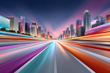 Fototapeta premium Futuristic city skyline with colorful light trails and high-speed motion perspective at dusk