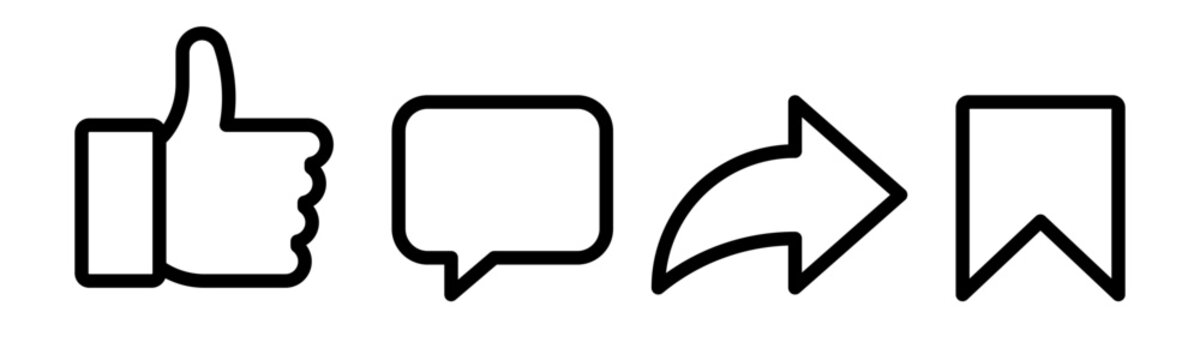 Set of social network icons. Like, comment, share, save.
