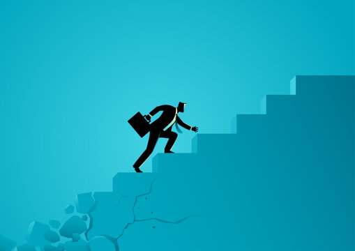 Businessman Climbing Crumbling Stairs, toward success concept illustration
