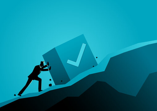 Businessman Pushing Checkmark Cube Uphill, success concept illustration