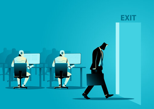 Businessman leaving office as robots replace human workers concept