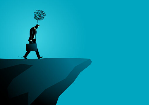 Stressed businessman walking toward cliff edge, mental health concept