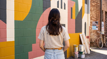 Woman, seen from behind, standing in front of a vibrant, colorful abstract mural on a brick wall outdoors. © Esther