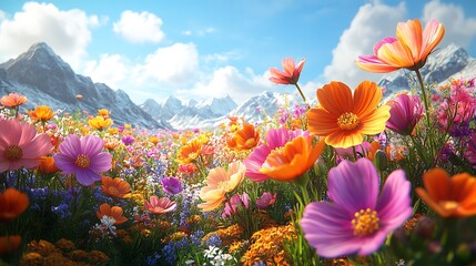 Vibrant field of colorful flowers with mountain backdrop under sunny sky
