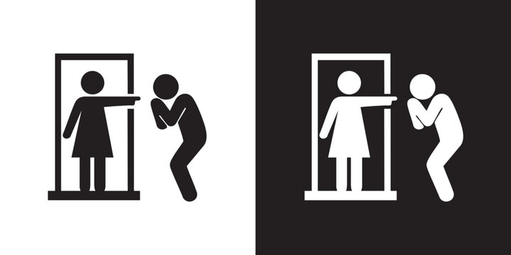 Conflict Silhouette Icon &ndash; Woman Pointing from Doorframe and Man Pleading in Black and White Minimalist Style