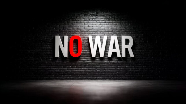 NO WAR message illuminated by a spotlight, conveying a powerful anti war and peace concept in minimalist typography on a brick wall