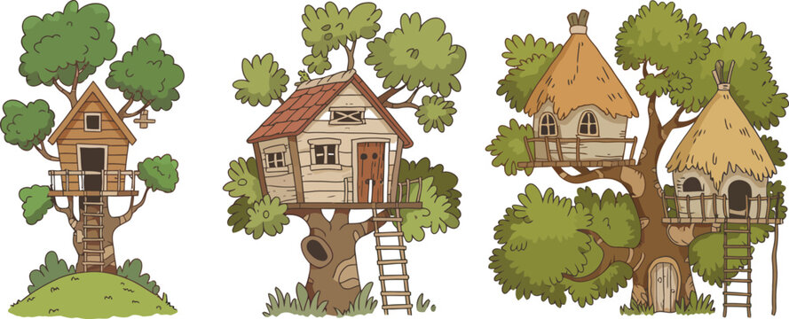 Charming treehouse designs in a forest setting Vector