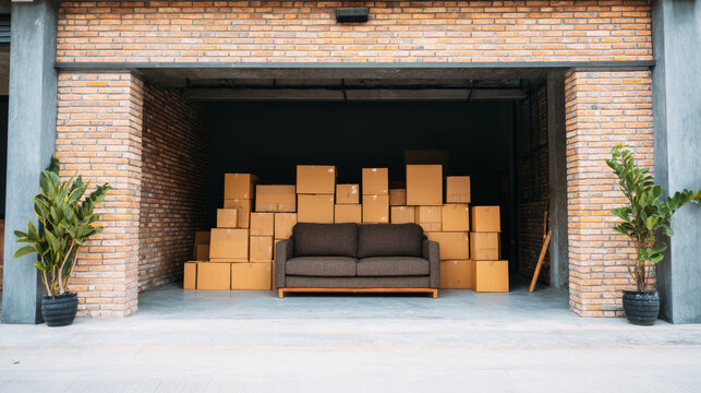 Moving home concept featuring packed cardboard boxes and sofa in open self storage unit with brick walls