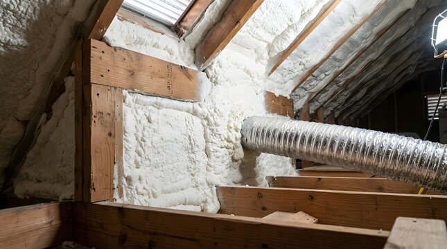 Spray Foam Insulation Applied Between Wooden Attic Beams Near Metal Ductwork For Home Energy Efficiency Air Sealing And Construction Renovation