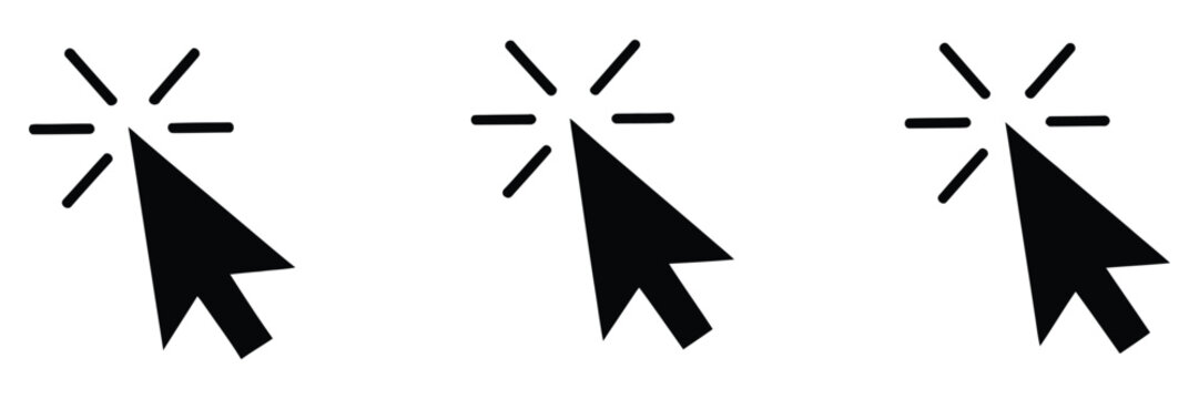 Cursor mouse click icon set representing pointer click actions, arrow cursor symbols, computer interaction, UI navigation, and digital interface controls vector.