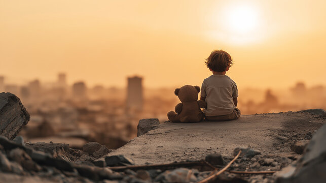 Child with teddy bear sitting on rubble overlooking a devastated city at sunset, symbolizing loss and hope for the future