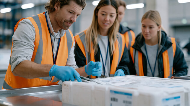 Cold chain logistics trainer demonstrates proper dry ice replenishment technique to new warehouse associates gathered around insulated pharmaceutical shipper on stainless steel table, protective glo