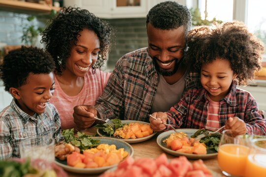 Happy African American family enjoying a healthy breakfast together at a sunlit kitchen table, sharing smiles and food.