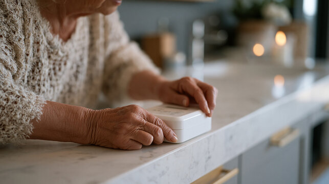 Close up of senior hands adjusting a programmable medication and hormone supplement dispenser on a bathroom shelf, aging in place health management, morning routine wellness detail, independent livi