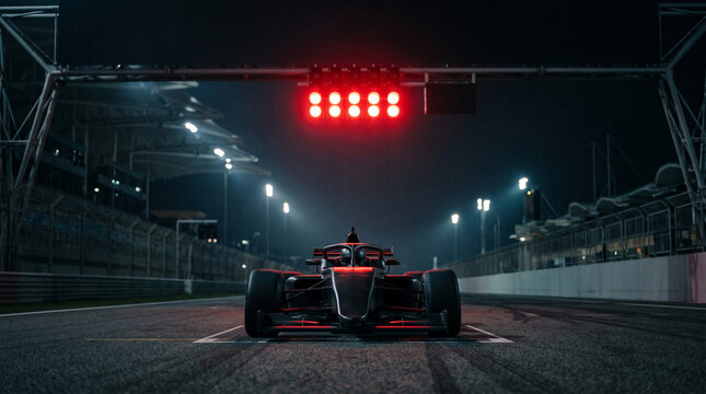 Formula 1 race car poised for start under bright red lights.