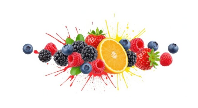 Fresh orange slice with mixed berries and colorful fruit juice splash explosion
