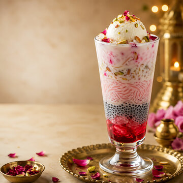 Traditional Indian dessert falooda in a tall glass with rose syrup  basil seeds  vermicelli  ice cream  and nuts  festive style with coppy space