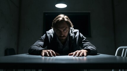 Fototapeta premium A detective leaning over a metal interrogation table under a bare lamp in a room with an observation window behind.