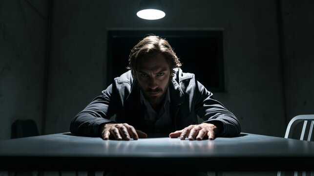 A detective leaning over a metal interrogation table under a bare lamp in a room with an observation window behind.